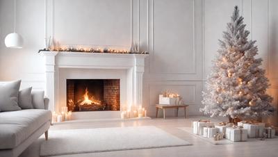 The primary subject of the image is a beautifully decorated Christmas tree, which is placed in a living room. The setting includes a fireplace, a table, and a couch, creating a cozy and festive atmosphere. The visual style of the image is a photo, capturing the warmth and joy of the holiday season. The colors and mood of the scene are predominantly white, with the tree and other decorations adding a touch of color and festivity.